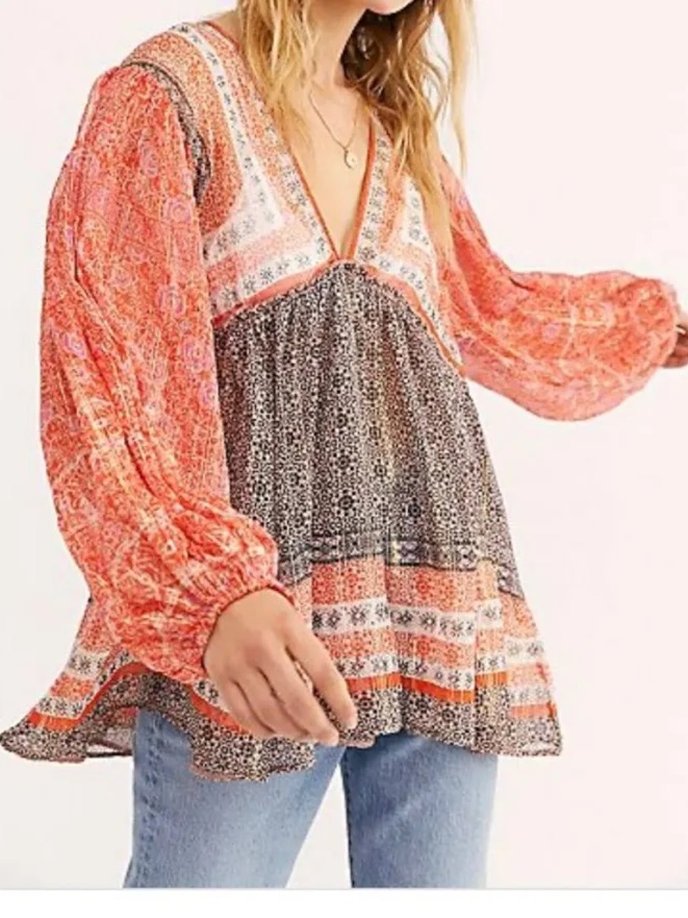 Free People Mixed Print V-Neck Tunic in Coral and Black